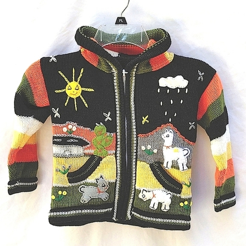 Children's sweater with hood w/ tassel,full zip, made in Peru, hand stitched, 6